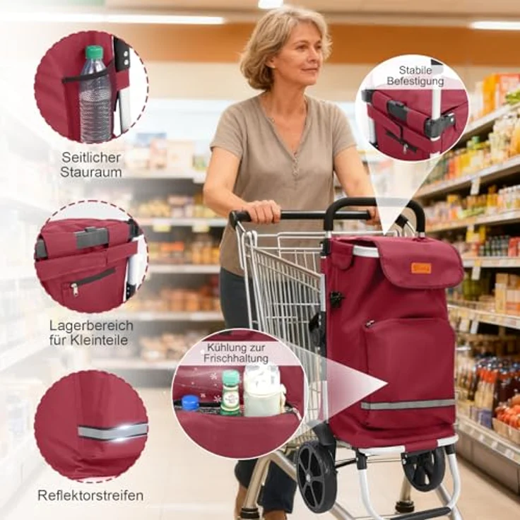Sekey Einkaufstrolley 3-in-1 mit Kühlfach und Spanngurt, Faltbarer Einkaufswagen, 42L, 35kg, rot – Bild 4