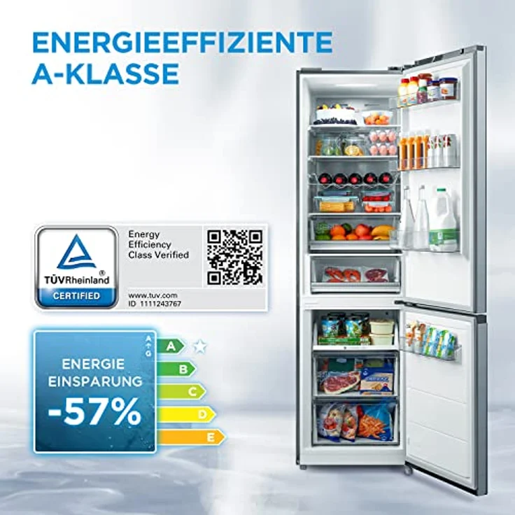 Midea MDRB521MGA46O Kühl-/Gefrierkombination/NoFrost/Inverter Kompressor/Metal Cooling/Niedrigtemperaturzone/180° Verstellbare Gefrierfach-Schublade/201 cm hoch/256 L Kühlteil/122 L Gefrierteil – Bild 2