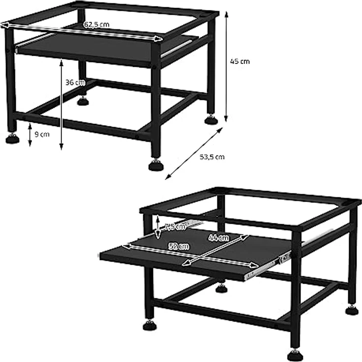 ML DESIGN modern living Waschmaschinen-Untergestell mit ausziehbarer Ablage, Schwarz, Stahl, bis 150kg, höhenverstellbare Füße, 62,5x53,5x45 cm, Trocknersockel Podest Unterschrank Erhöhung – Bild 5