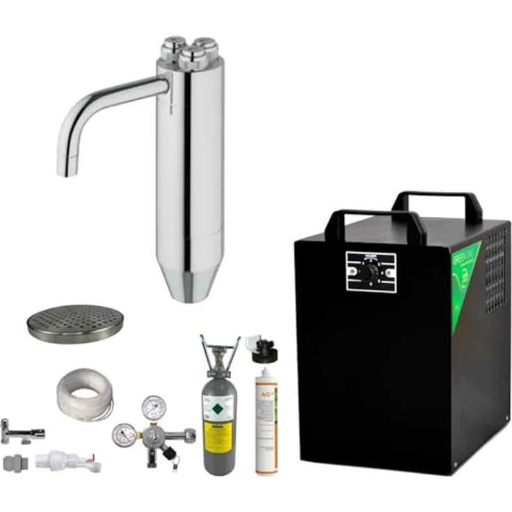BieTal Wassersprudler Tafelwassergerät 25 L/h mit Kühlung, Zapfstelle, Komplettpaket mit CO2-Flasche und Filteranlage