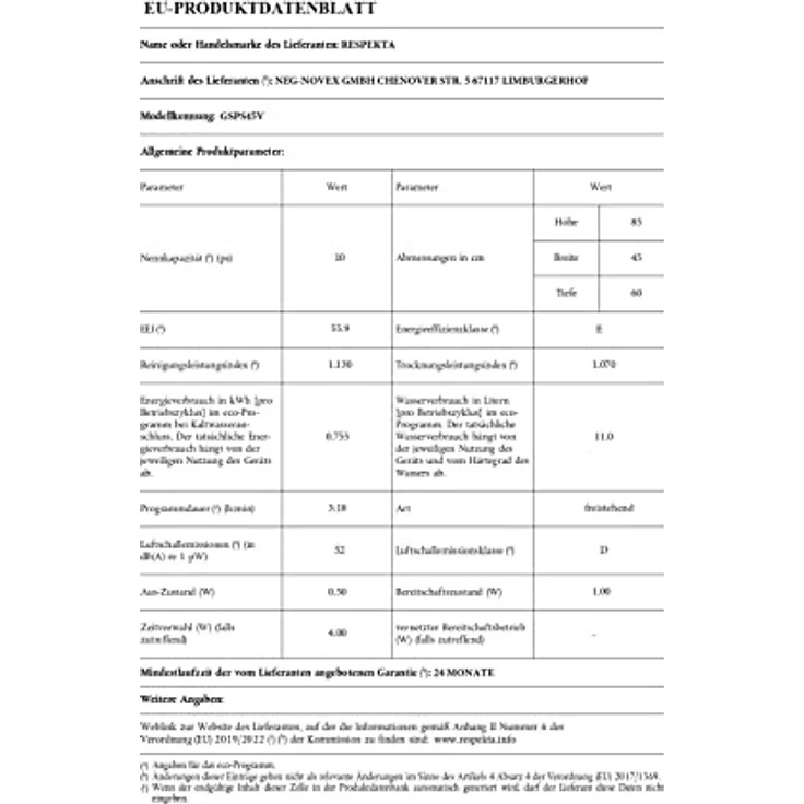 Respekta Spülmaschine freistehend 45 cm / Standgeschirrspüler mit flexiblem Besteckkorb / 5 Programme / Startzeitvorwahl / vollelektronisch & leise / LED Display / 10 Maßgedecke / GSPS45V / Weiß – Bild 3