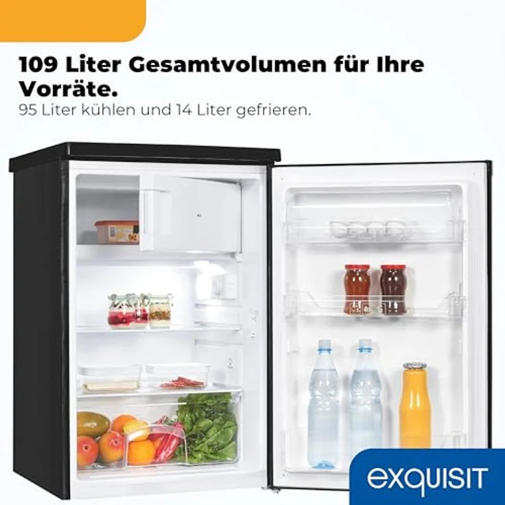 Exquisit KS516-4-E-040E, Kühlschrank 109 l mit Gefrierfach, unterbaufähig, Energieklasse E, 40 dB, freistehend, schwarz – Bild 6