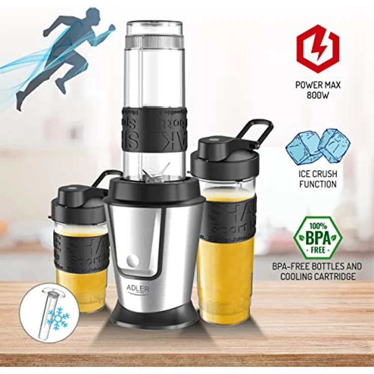 Adler AD 4081 Standmixer, Smoothie-Maker, 800W, inkl. 2 Sportflaschen, Edelstahl, schwarz – Bild 5