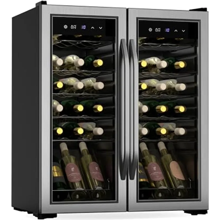 Klarstein Vinamour Weinkühlschrank 36 Flaschen – 2 Zonen, Touch-Steuerung, LED, Edelstahl-Doppeltür, UV-Schutz, freistehend