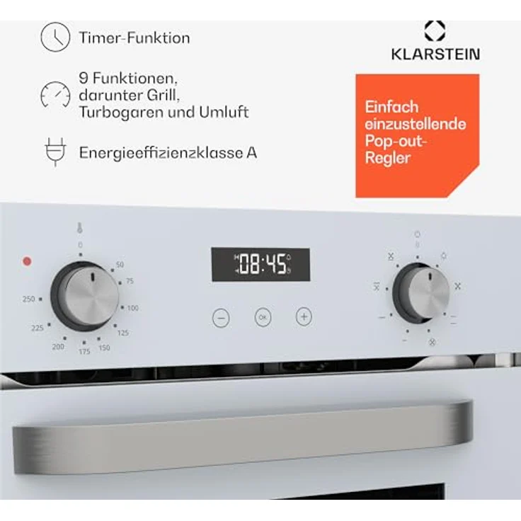 Klarstein SmartSlim Einbaubackofen 45 cm, 49 L, 9 Funktionen, Dampfreinigung, abnehmbare Glastür, schwarzes Glas, digitaler Timer – Bild 4