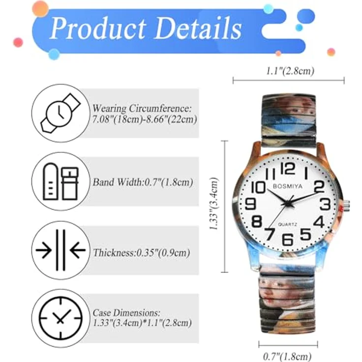 JewelryWe Boho Elastische Armbanduhr, Damen Analog Quarz Uhr mit Vermeer Kunstmotiv, Edelstahl Zugarmband, große Zahlen, 1ATM Wasserschutz – Bild 3