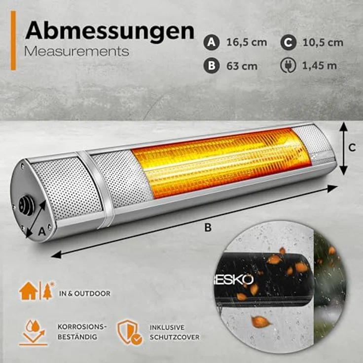TRESKO Infrarot Heizstrahler 2000W mit Fernbedienung | Quarz-Röhre 30% sparsamer, 3 Heizstufen | Innen & Außen, Edelstahl, Aluminium | Wand-Heizstrahler Wickeltischstrahler, leise – Bild 5