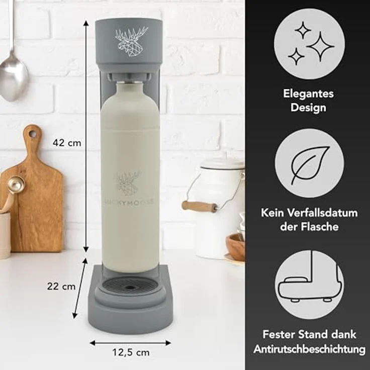 Luckymoose Infinity Wassersprudler, CO₂-sparende Sprudlermaschine mit 2x 1,25L spülmaschinenfesten Edelstahlflaschen, kompatibel mit blauen 60l CO₂-Zylindern – Bild 2