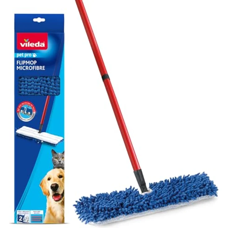 Vileda Flip Mop Pet Pro, Mikrofaser, 3x höhere Tierhaarentfernung, rot, groß – Bild 1