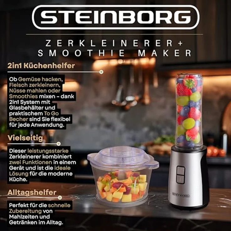 STEINBORG Standmixer SB-2650, 500 W, 1,8 Liter Glasbehälter, 600 ml To Go Becher, 4-Fach Edelstahlklingen, schwarz – Bild 2