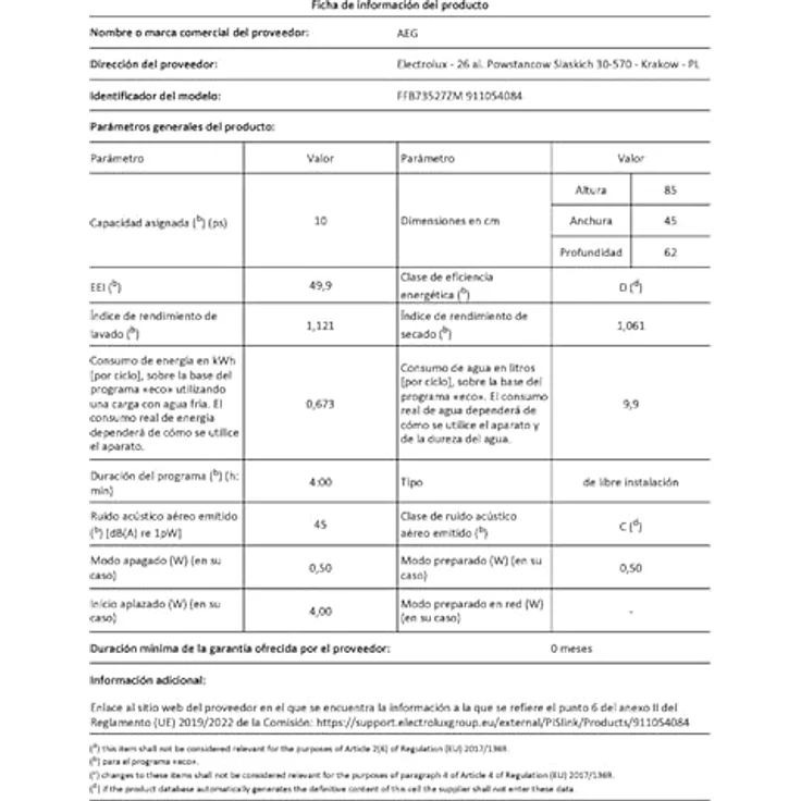 AEG FFB73527ZM, Geschirrspüler, D, Geräuschemissionsklasse C, Geräuschemissionen 45 Dezibel – Bild 6
