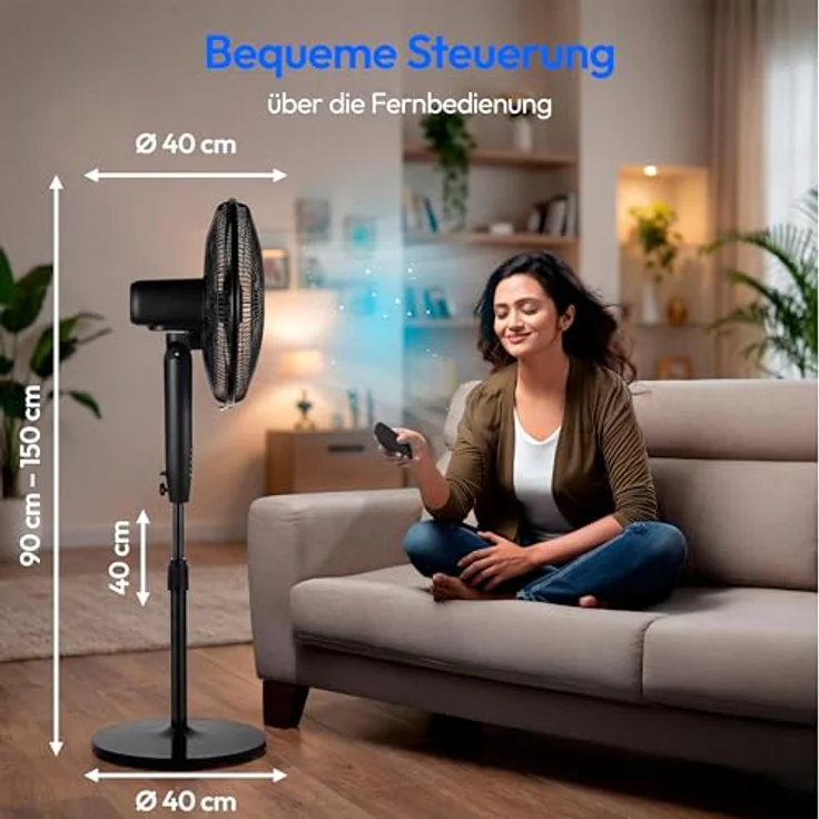 MEDION P21 SF Standventilator, 50 Watt, höhenverstellbar bis 130 cm, 3 Geschwindigkeiten, leise, mit Fernbedienung, Timer und Oszillation, schwarz – Bild 2