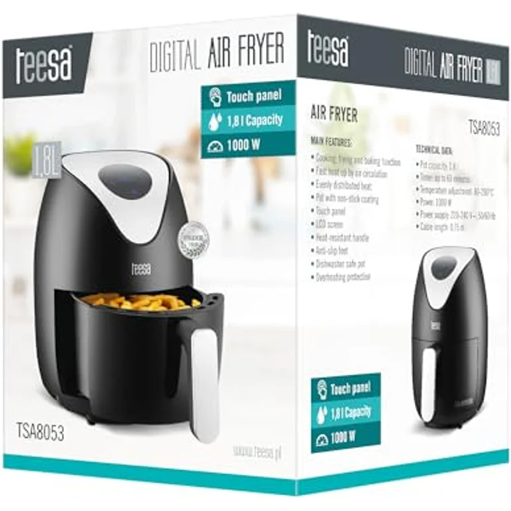 Teesa Digitale Airfryer 1,8l, Heißluftfritteuse mit LCD Bildschirm, schwarz, 1000W, spülmaschinenfest – Bild 8