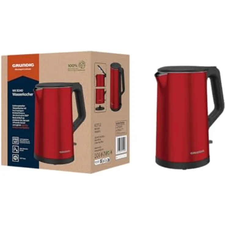 GRUNDIG WK 8340 Wasserkocher, 2.150 W Leistung, 1,5 l Fassungsvermögen, Abschaltautomatik, Cool Touch, Rot