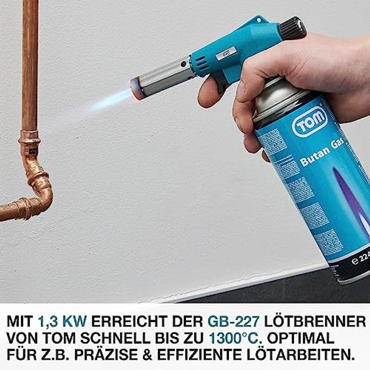 TOM GB-227 Lötbrenner, Flambierbrenner Set mit 1300°C Flammentemperatur, Piezozündung, optional 4x 224g Gaskartuschen – Bild 5