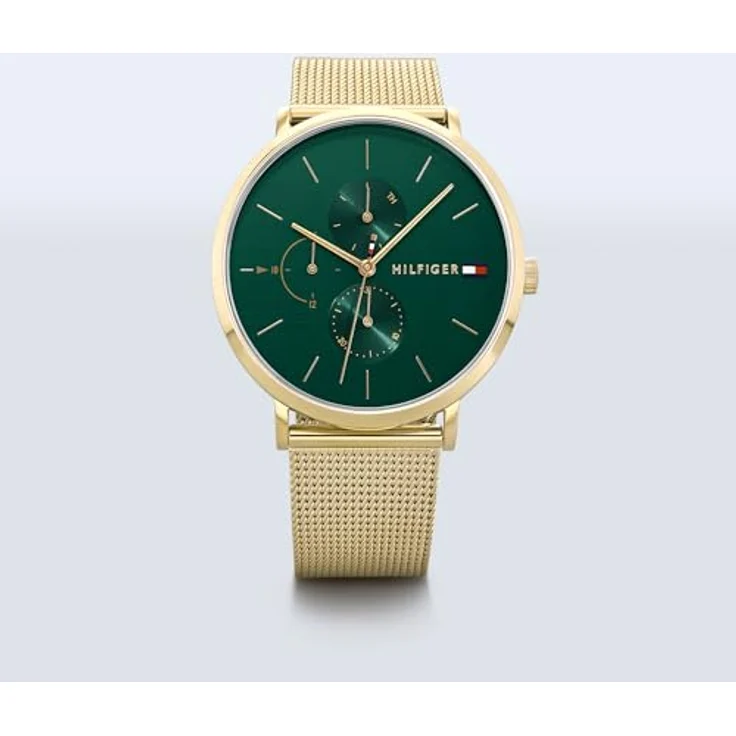 Tommy Hilfiger Damen Multifunktions-Quarz-Uhr mit smaragdgrünem Zifferblatt, 3 Hilfszifferblätter, wasserdicht bis 3ATM, 316L Edelstahl-Mesh-Armband mit Gelbgold-Ionenplattierung – Bild 5