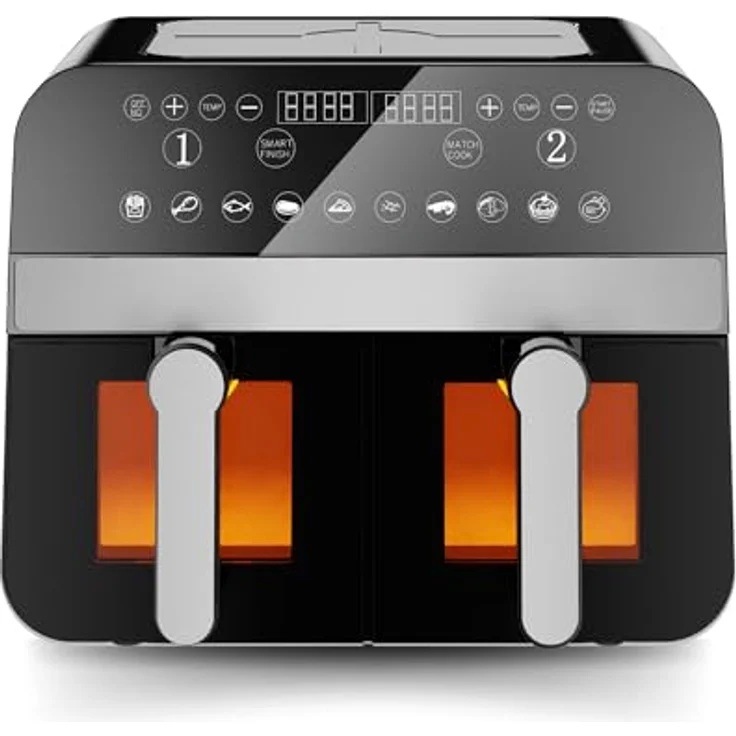 Comfy Nest CNAFD45WB, 2400 W digitale Heißluftfritteuse mit Doppelkorb, 9-Liter Sichtfenster und 10 Kochfunktionen – Grau und Schwarz – Bild 1