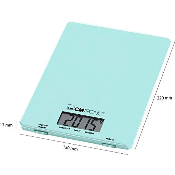 Clatronic KW 3626 Küchenwaage, extra flach, max. 5 kg Tragkraft, batteriebetrieben, LCD-Display, mint – Bild 3