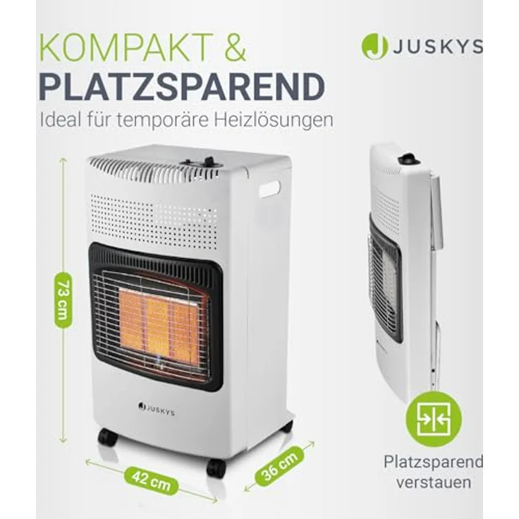 Juskys Keramik Gasheizung GS42US, mobile Infrarot Gasheizung in Weiß mit 4200 W, Druckregler & Schlauch, effizient & energiesparend, geeignet für Balkon und Terrasse – Bild 4