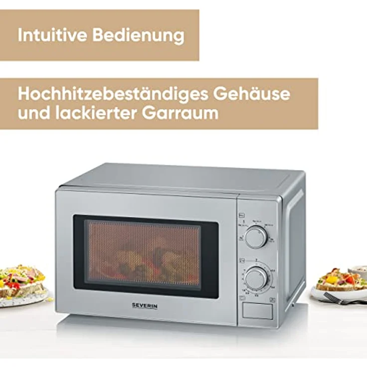 Severin MW 7899 Mikrowelle, Standgerät, Garraum 20L, 700W, 5 Leistungsstufen, Auftauprogramm, Timer, silber – Bild 2