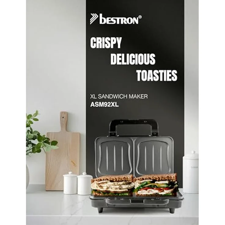 Bestron Sandwichmaker ASM92XLZ, 900 W, XXL für 2 American Sandwiches, schwarz, mit Antihaftbeschichtung und automatischer Temperaturregelung – Bild 2
