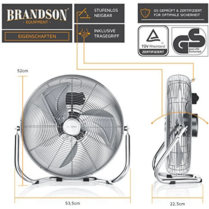 Brandson Windmaschine Retro Stil 120 Watt - Ventilator in Chrom - Standventilator 50cm - Bodenventilator - hoher Luftdurchsatz - stufenlos neigbarer Ventilatorkopf - Silber – Bild 3