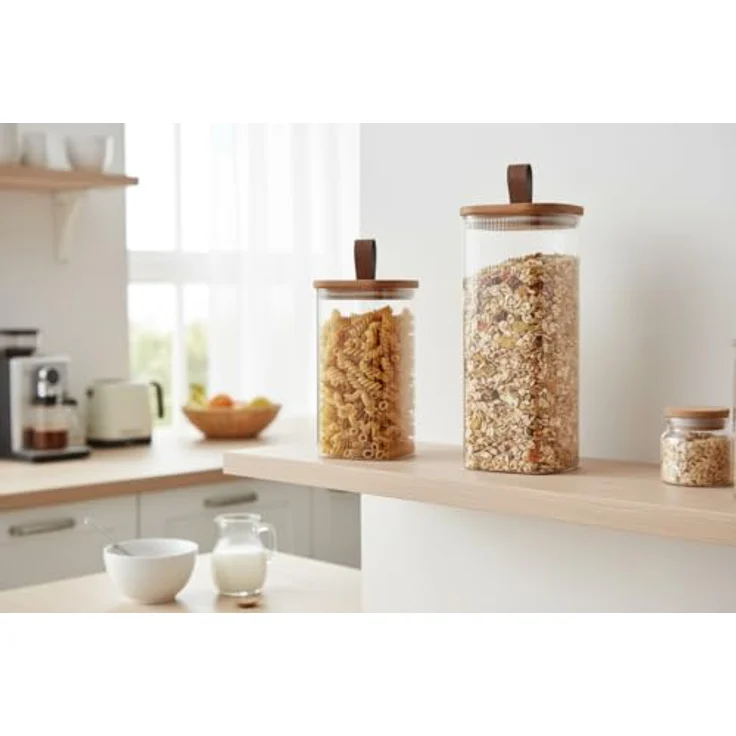 LS-LebenStil Vorratsdose aus Glas 1900ml, Luftdichter Vorratsbehälter mit Holzdeckel und Lederschlaufe, 28x10cm, ideal für Pasta und Müsli – Bild 9