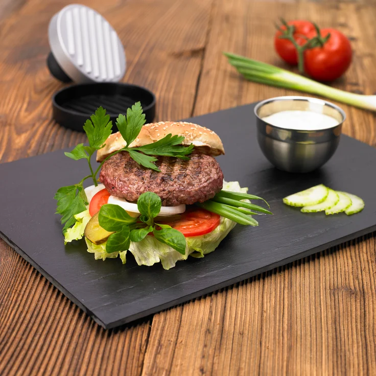 RÖSLE Burgerpresse, Hochwertige Fleischpresse zum einfachen Formen von Burgerpatties, Edelstahl 18/10, ABS, 11 cm, spülmaschinengeeignet – Bild 2