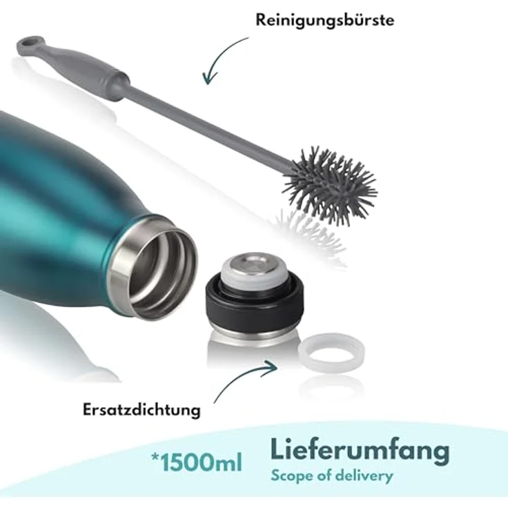 Milu Edelstahl Trinkflasche 1.5L, Isolierte Thermosflasche, doppelwandig, auslaufsicher, kohlensäuregeeignet, mit Reinigungsbürste, Grün – Bild 5