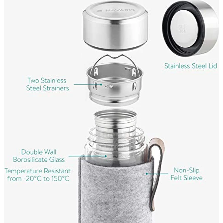 Navaris Teeflasche aus Glas mit Edelstahl Sieb - 500ml Tee Flasche Teekanne to go - Trinkflasche doppelwandig aus Borosilikatglas - mit Filz Hülle – Bild 4
