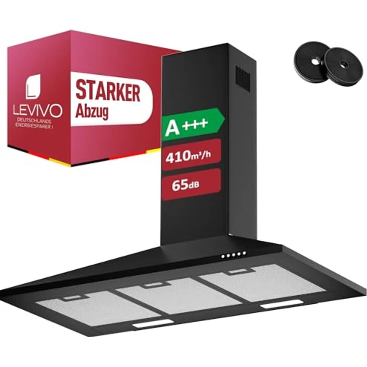 LEVIVO Dunstabzugshaube 90 cm, Umluft & Abluft mit 410 m³/h Luftleistung, 2 Aktivkohlefiltern, 3 Fettfiltern, Wandhaube, Edelstahl, 3 Stufen, LED-Beleuchtung – Bild 1