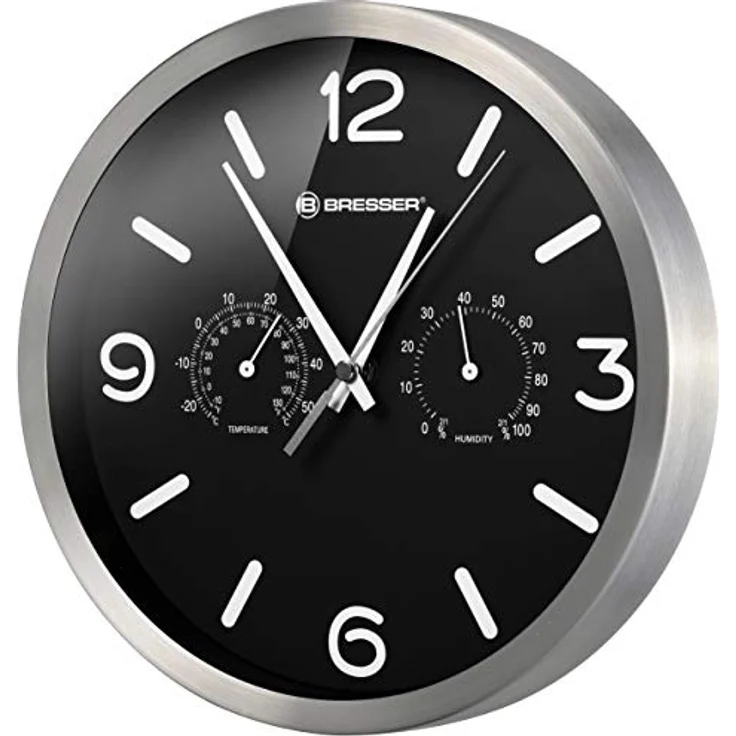 Bresser Funkuhr Wanduhr MyTime ND Thermo-Hygro mit geräuschlosem Funkuhrwerk, Edelstahlrahmen und Anzeige für Temperatur und Luftfeuchtigkeit, schwarz, 250x250mm – Bild 1