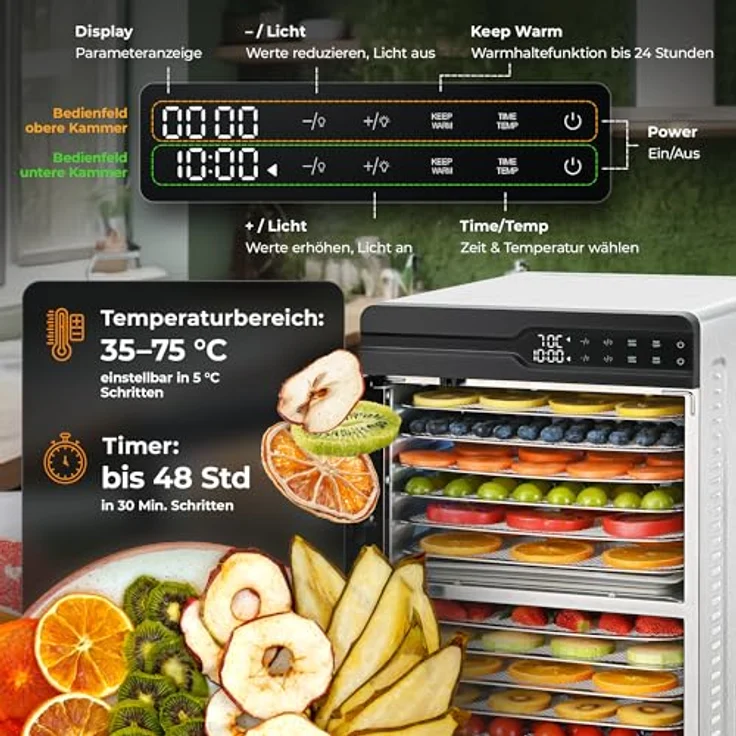 Balter Dörrautomat DA-107, Edelstahl Dehydrator mit 2 Kammern, 12 Etagen, 1000 W, 8800 cm² Dörrfläche, BPA-frei, 35–75 °C, Timer bis 48 Std, Warmhaltefunktion, inklusive Rezeptbuch – Bild 5