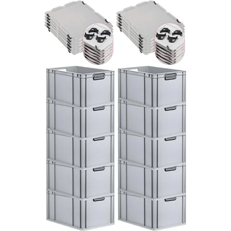 PROREGAL Eurobox NextGen Color, 10x 65L Transportbox mit Auflagedeckel und Schiebeschnappverschlüssen, Grau, HxBxT 32x40x60cm, lebensmittelecht – Bild 1