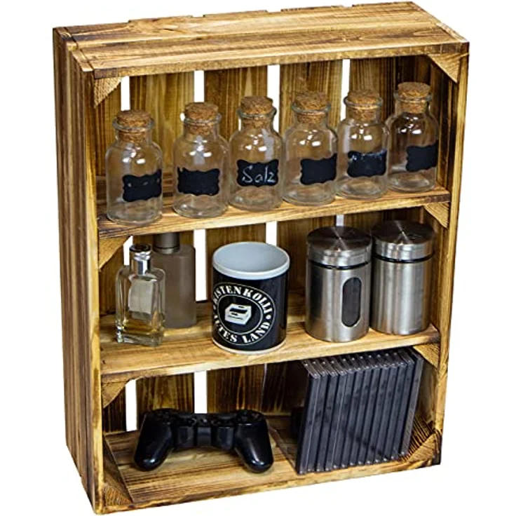 Kistenkolli Altes Land geflammte flache Obstkiste Wilma mit zwei Einlegeböden/Zwischenbrettern ca 50x40x16cm/ Regalkiste Gewürzregal Apfelkiste/Weinkiste (1er Set geflammt) - Ideales Gewürzregal aus Holz, bereits montiert, rustikaler Charme – Bild 1