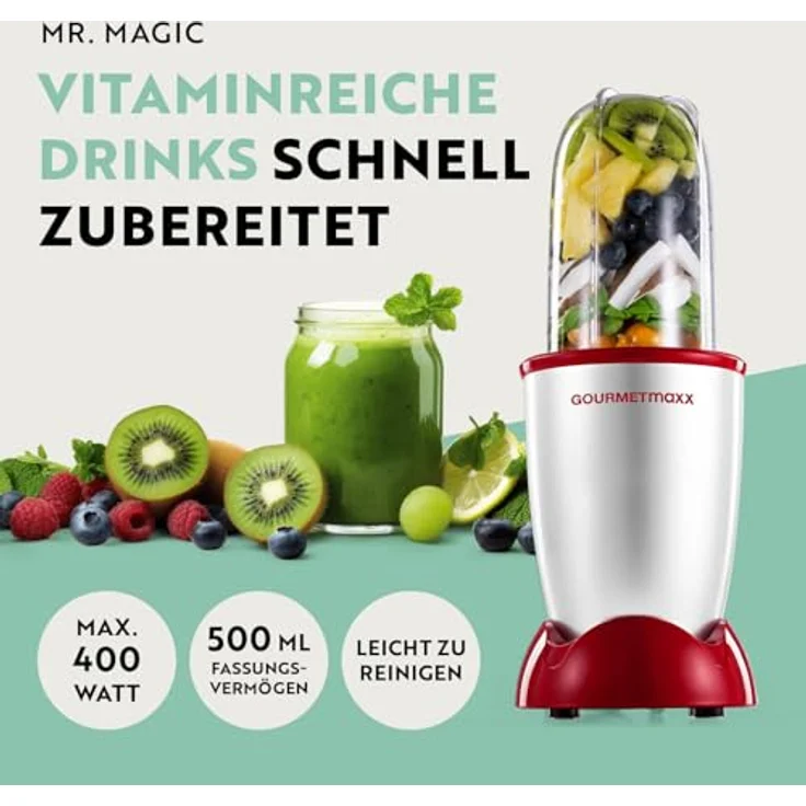 GOURMETmaxx Mixer Mr. Magic 4-tlg. | Standmixer mit 400W Powerbase, Edelstahl-Kreuzklinge, 500ml Becher & To Go Deckel, kompakt für Smoothies & Shakes – Bild 2