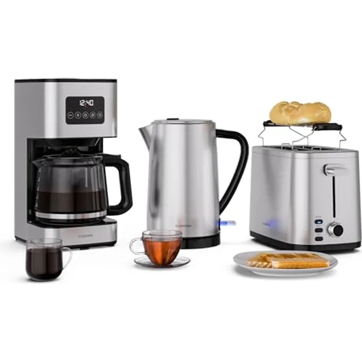 Klarstein Verosteel Frühstücksset, Toaster 2 Scheiben mit 7 Bräunungsstufen & Brötchenaufsatz, Wasserkocher 1.7L Edelstahl, Filterkaffeemaschine 12 Tassen mit Warmhaltefunktion