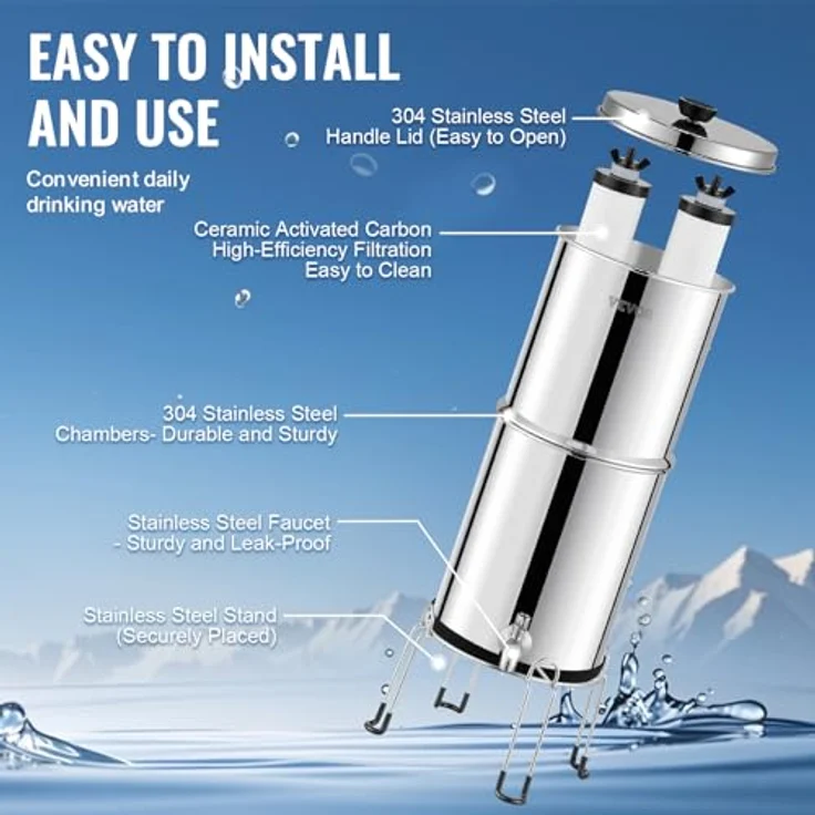 VEVOR Schwerkraft Wasserfiltersystem Edelstahl, 7,8+8,5 L, reduziert Blei und 99 % Chlor, mit 2 Keramik-Kohlefiltern und Zapfhahn – Bild 6