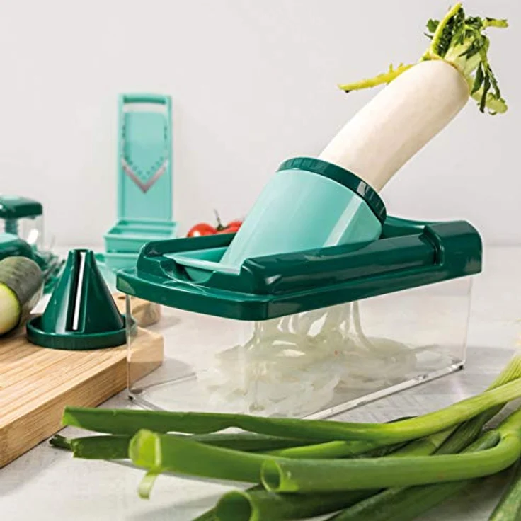 Genius A34035 Nicer Dicer Fusion smart Gemüseschneider-Set 12tlg-Zerkleinerer mit Auffangbehälter, XXL-Messereinsatz & Julietti-Spiraleinsatz | Würfel, Stifte, Viertel, Achtel, Julietti, PP – Bild 5