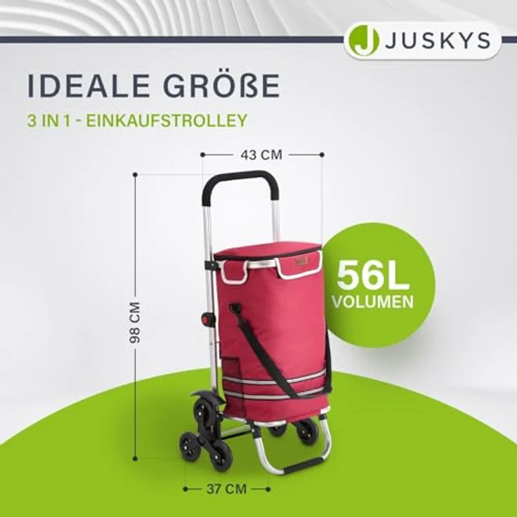 Juskys 3in1 Einkaufstrolley für Treppen - 56 L, modern & klappbar - Treppensteiger Trolley zum Shopping - Sackkarre & Tasche - Trolli Rot – Bild 2