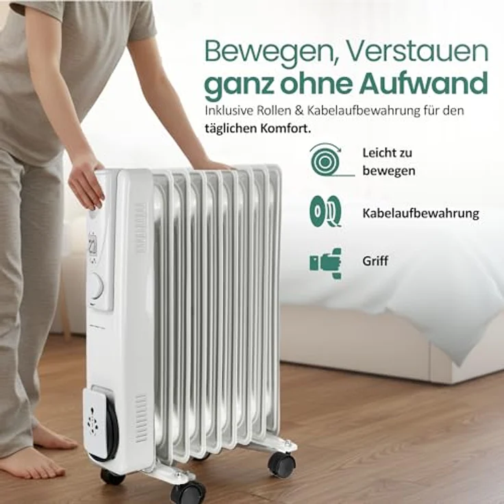 Emerio Ölradiator HO-128421, 9 Rippen, 2000 Watt, geeignet für Räume bis 15 m², einstellbares Thermostat, 3 Heizstufen, mit Kontrollleuchte und Kippschutz, mobil mit Rollen, weiß – Bild 7