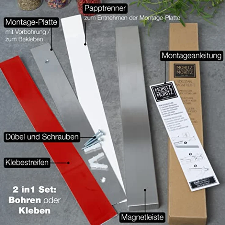 Moritz & Moritz Magnetleiste Messer selbstklebend 40cm aus Edelstahl - Hochwertiger Messerhalter magnetisch für Küchenutensilien, max. 5 kg, rostfrei – Bild 4