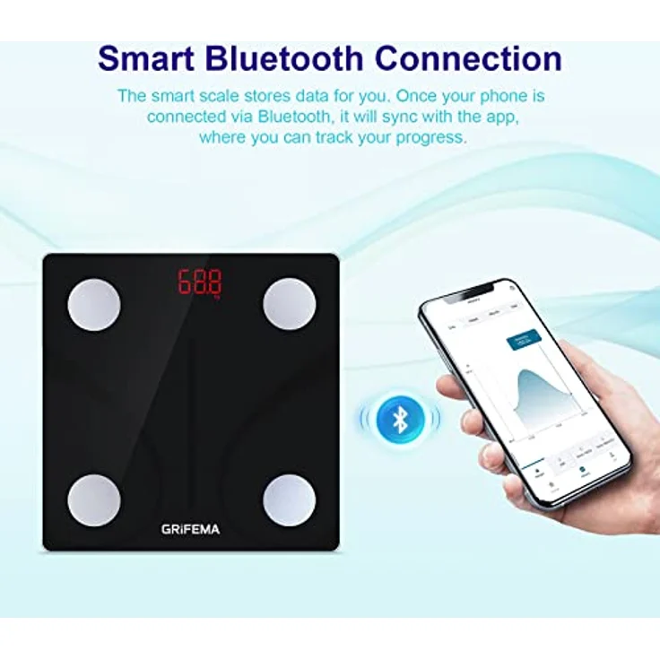 GRIFEMA Digitale Personenwaage, Waage mit Körperfett und Muskelmasse, Bluetooth Körperfettwaage mit App, für BMI, Protein, Schwarz [Exklusiv bei Amazon] – Bild 5