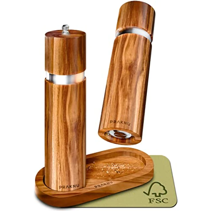 Salz und Pfeffermühle aus Akazienholz mit Untersetzer - Nachhaltiges FSC® Holz - Langlebiges Keramikmahlwerk - Plastikfrei – Bild 1