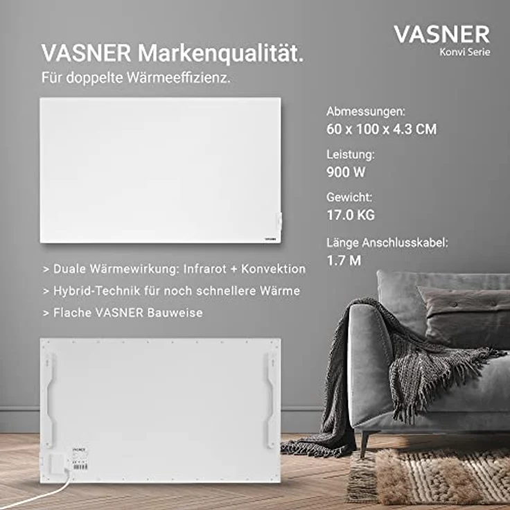 Vasner Konvi Serie Hybridheizung Infrarotheizung Konvektionsheizung 900 Watt, Infrarotheizung – Bild 2