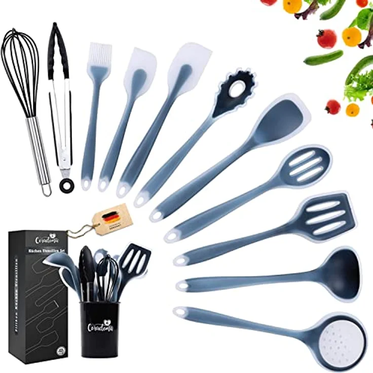 Coradoma Silikon Geschirrset Küche | Küchenutensilien 12-teilig Küchenhelfer Set mit Pfannenwender, Schneebesen, Kochlöffel, Suppenkelle | Kochbesteck Kochgeschirr Haushaltshelfer Küchenzubehör – Bild 1