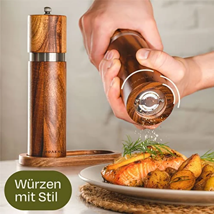 Salz und Pfeffermühle aus Akazienholz mit Untersetzer - Nachhaltiges FSC® Holz - Langlebiges Keramikmahlwerk - Plastikfrei – Bild 2