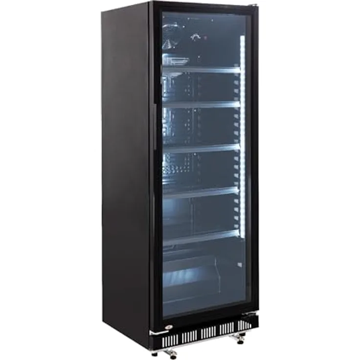 GastroHero Getränkekühlschrank GKS-360, 360 Liter, schwarz, abschließbare Glastür, temperaturregelbar 0 °C bis +8 °C, 5 höhenverstellbare Böden