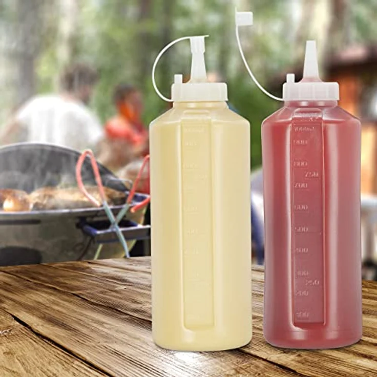 relaxdays Dressing Shaker Quetschflasche 1000 ml 4er Set, transparente Kunststoffflaschen für Ketchup, Senf und Saucen, punktgenaue Dosierung – Bild 2