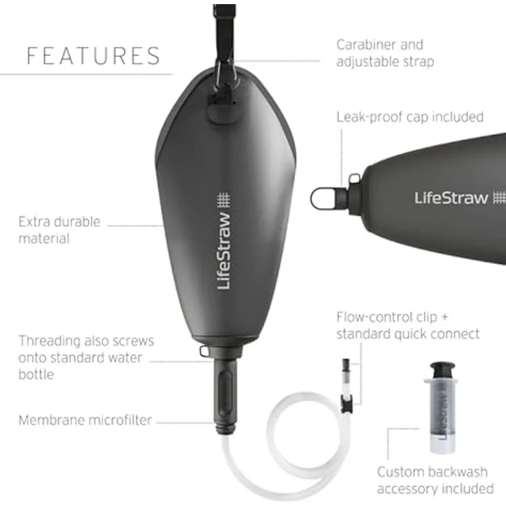 LifeStraw Peak Series Kompakter Schwerkraft-Wasserbeutel mit Wasserfilter, 3 L, grau, BPA-frei, 2000 L Filterlebensdauer – Bild 7